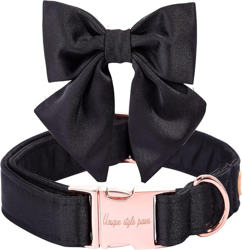 Unique style paws Silk Black Color Dog Collar Adjustable Durable Dog Collar with Bow Wedding Bow tie Dog Collar for X-Large Dogs...