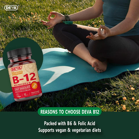 DEVA Vegan Vitamin B12 Fast Dissolve Supplement - Once-Per-Day Complex with 1000 Mcg Methylcobalamin B12, Folic Acid, B6 - Lemon Flavor - 90 Disso...