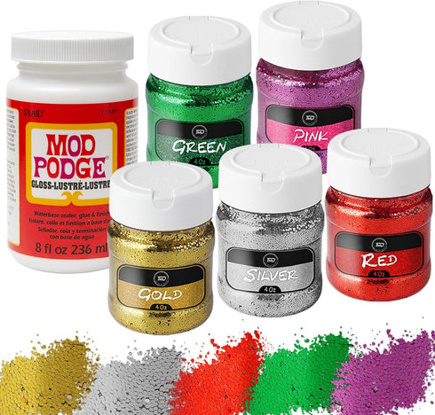 Glitter - Fine Glitter and Modge Podge Set - 5 Colors of 4oz Craft Glitter Shaker Bottles with 8oz Craft Glue Gloss Finish - Great Glitter for Res...
