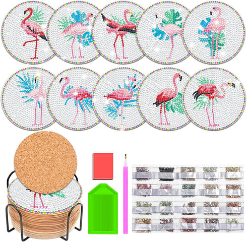 JHGCVX 10 Pcs Flamingos Diamond Painting Coasters Kit,Diamond Art Coasters with Holder,Cute Flamingos Diamond Painting Coasters for Adults Beginne...