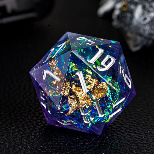 Cusdie Single D20 DND Dice with Sharp Edges and Glitter Foil Inclusions, 20 Sided D&D Dice, 33mm Handcrafted Polyhedral Dice, for Role Playing Gam...