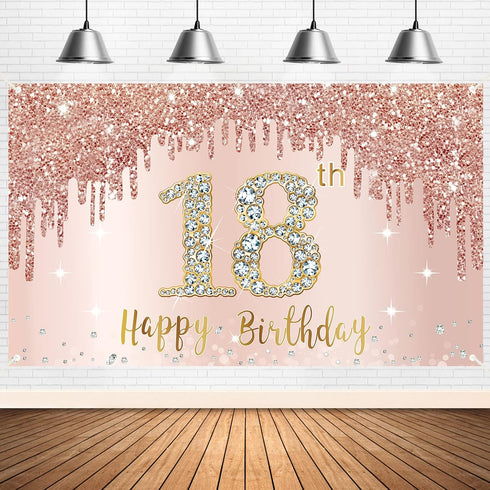 Sweet 18th Birthday Banner Backdrop Decorations for Girls, Rose Gold 18 Birthday Party Sign Supplies, Pink 18 Years Old Birthday Poster Background...