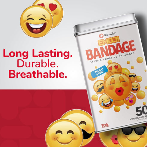 BioSwiss Bandages, Emoji Shaped Self Adhesive Bandage, Latex Free Sterile Wound Care, Fun First Aid Kit Supplies for Kids, 50 Count...