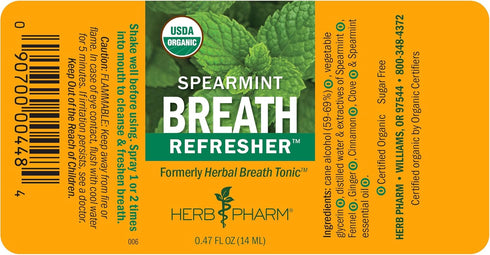 Herb Pharm Breath Refresher Certified Organic Herbal Fresh Breath Spray with Spearmint Essential Oil - 1/2 Ounce...