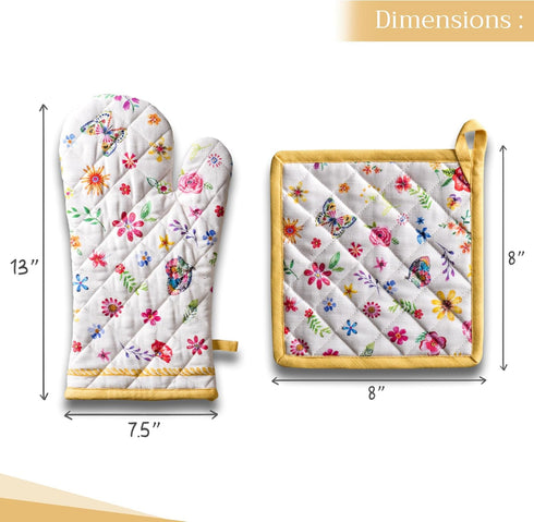 Maison d' Hermine 100% Cotton Oven Mitt & Pot Holder Set (7.5"x13" & 8"x8") Heat Resistant BBQ Cooking Gloves with Loop, Grilling, Kitchen, Handli...