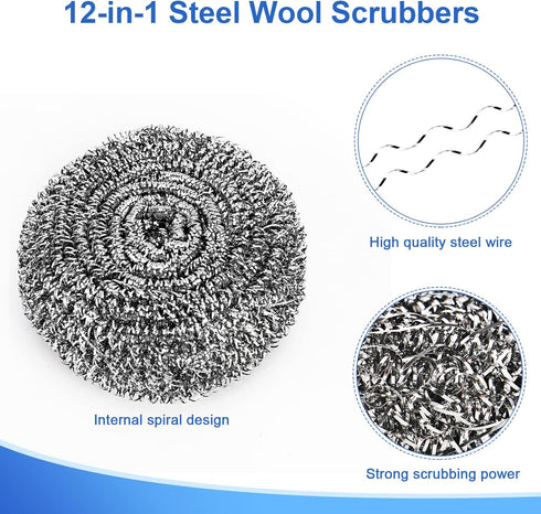 12Pack Upgraded Steel Wool Scrubbers by ovwo - Premium Stainless Steel Scrubber, Metal Scouring Pads, Steel Wool Pads, Kitchen Cleaner, Heavy Duty...