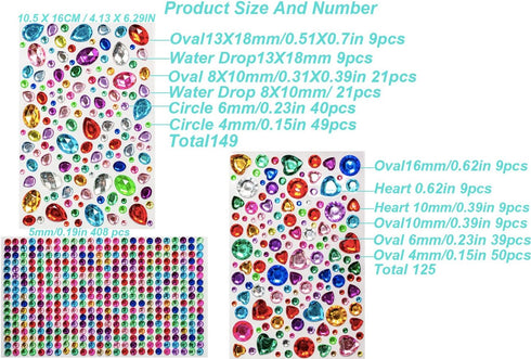 714pcs Gem Stickers Rhinestone for Crafts,Self Adhesive Jewels Stickers,Jewels for Arts & Crafts for Kids, Oval, Water Drop, Circle, Heart, 2sheet...