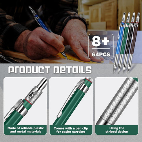 4 Pieces Welder Pencil with 60 Pieces Round Refills Mechanical Pencil Metal Marker Pen for Construction Workers, Metal Work, Welders, Plumbers, Fr...