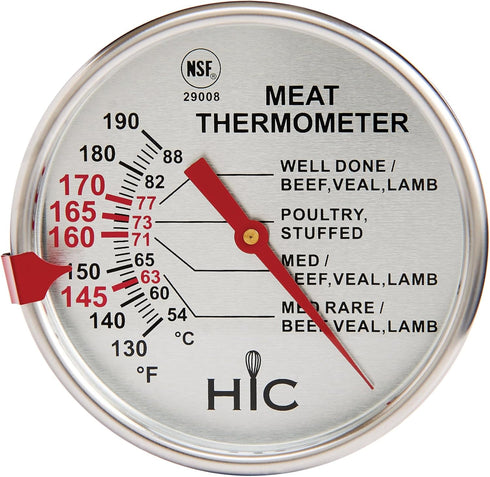 HIC Kitchen Roasting Meat Thermometer, Oven Safe, Large 3-Inch Easy-Read Face, Stainless Steel Stem and Housing...