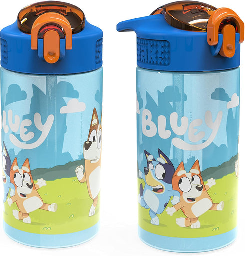 Zak Designs Bluey Kids Durable Plastic Spout Cover and Built-in Carrying Loop, Leak-Proof Water Design for Travel, (16oz, 2pc Set), Bluey Bottle 2...