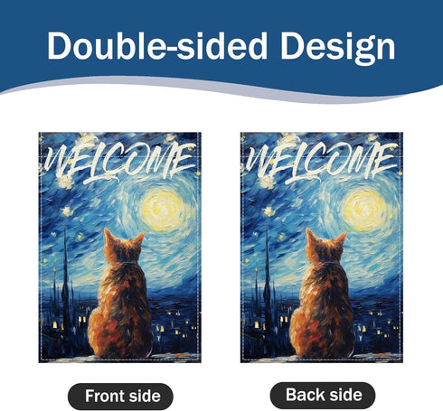 Van Gogh Starry Cat Welcome Garden Flag 12 x 18 inch Double Sided Oil Paint Cat Yard Flags Small Burlap Flag for Outside Decor (Starry Cat)...