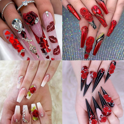 2 Boxes Flower Nail Charms 3D Rose Metal Acrylic Floral Nail Art Rhinestones with Pearls Red Rose Metal Flower Shiny Nail Gems Diamonds Nail Jewel...