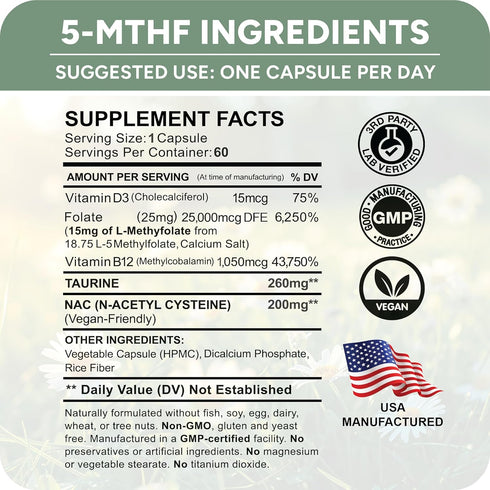 L-Methylfolate 15mg (Bioactive B9 Folate) plus Methyl B12, D3, Taurine & NAC | Professional Strength Active 5-MTHF Supplement | Supports Mood, Ner...