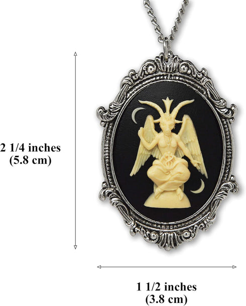 Sitting Satanic Baphomet Cameo In Silver Finish Frame Necklace Pendant Ivory on Black...