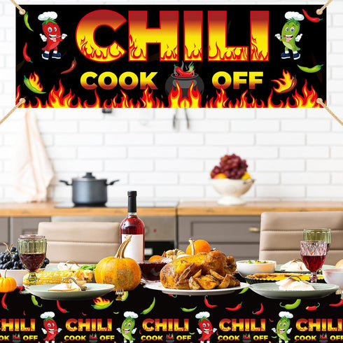 Chili Cook Off Decorations, 71" x 24" Chili Cook Off Banner, 3 Pcs Chili Pepper Plastic Tablecloth Table Cover 53" x 108", Mexican Fiesta Chili Co...