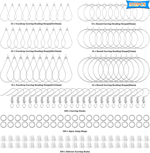 372Pcs Earrings Beading Hoop Set with 72 Earring Finding Teardrop Round Beading Hoop Earrings Bulk with 100 Hooks,100 Jump Ring,100 Ear Backs for ...