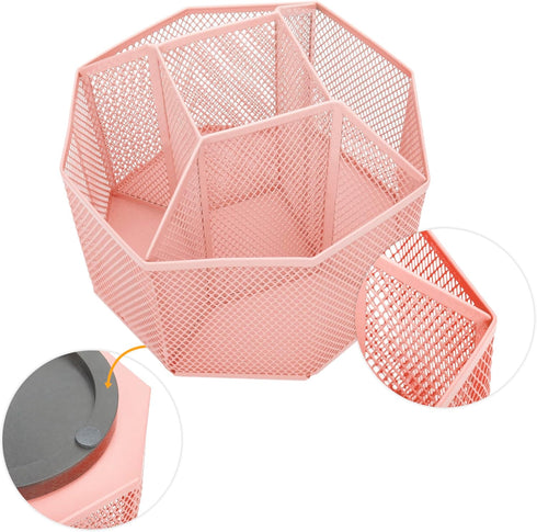 Annova Mesh Desk Organizer Rotate with 5 Compartments Spinning Tidy Candy/Pen Holder Office, Art Supply, Storage, Classroom, Home (Light Pink)...