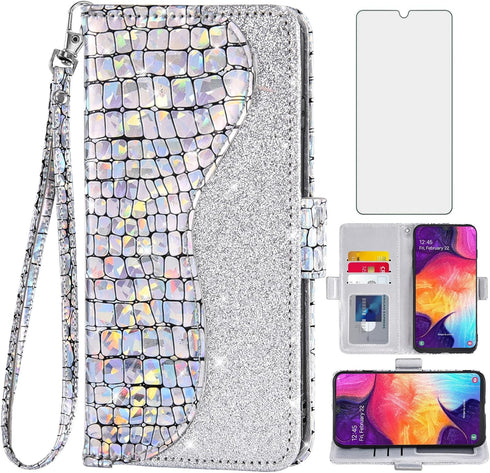 Asuwish Phone Case for Samsung Galaxy A50 A50S A30S Wallet Cover with Screen Protector and Flip Card Holder Bling Glitter Cell Glaxay A 50 50S 30S...