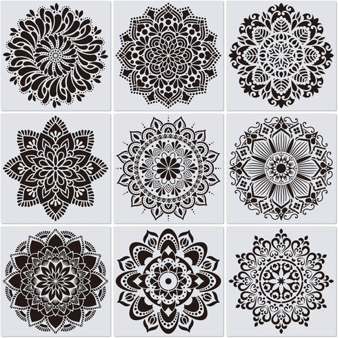 9 Pack 12 x 12 Inch Large Rangoli Stencils Mandala Stencil Laser Cut Painting Template for DIY Art | Wall Stencil, Tile Stencil, Floor Stencils - ...