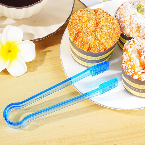 10 Pcs Plastic Buffet Serving Tongs, Clear Blue Kitchen Tongs Mini Serving Utensil Tongs for Food Ice Salad Buffet Barbecue Cookies, 6.3 Inches...
