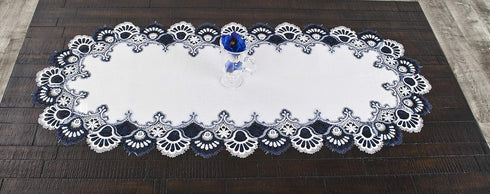 Linens, Art and Things White Navy Blue Jacquard Peacock Tail Lace Dresser Scarf Table Runner Coffee Table Runner (16Wx35L)...