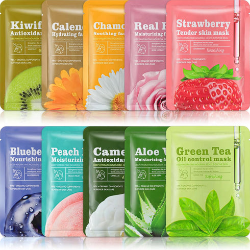 10 Pcs Combo Essence Face Masks Skincare Hydraiting Facial Mask Moisturizing Self Care Sheet Mask for Women Girls Home Spa Skin Care (Classic Styl...