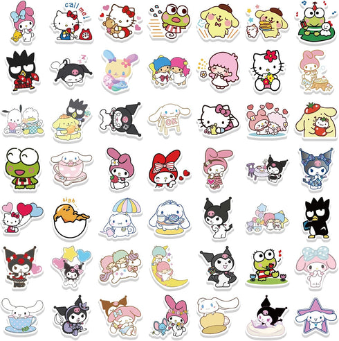 100pcs Sanrio Cartoon Stickers for Kids, Kawaii Hello Kitty Melody Kuromi Gift for Teen Girl Laptop Travel Case Phone Bike Water Bottle Guitar Com...