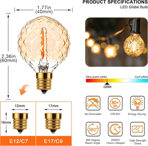G40 E12 1W LED Candelabra Decorative Light Bulbs, Globe Outdoor String Light Replacement Christmas Bulbs, Warm White 2200K, 1 Watt Equivalent to 5...