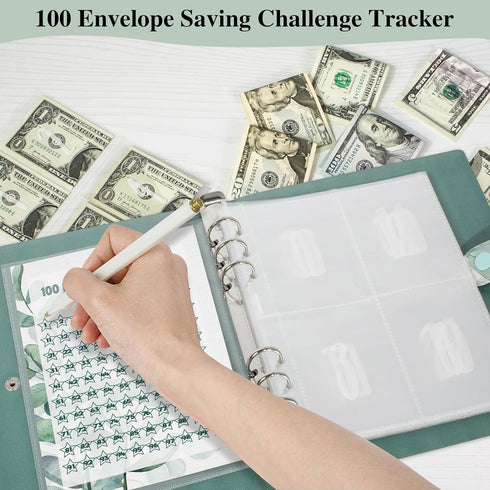 100 Envelope Savings Challenge Binder, Leather Budget Binder for Planning and Saving $5050, Daily Savings Planner, Easy and Fun Way to Save $5,050...