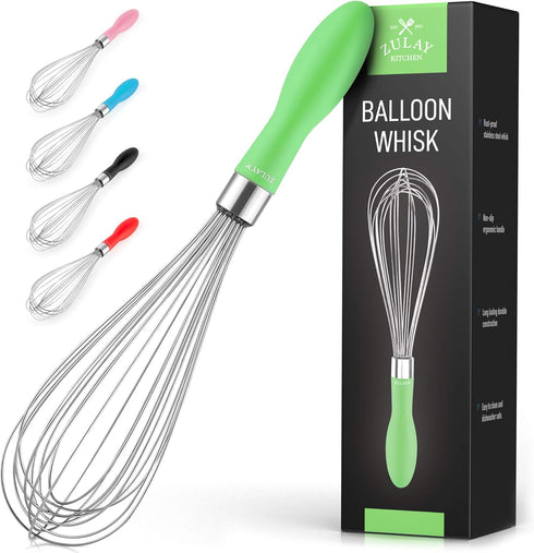 Zulay Kitchen Stainless Steel Balloon Whisk 12 Inch – Heavy Duty and Durable Wire Whisk with Non-Slip Silicone Handle for Blending, Whipping & Bea...