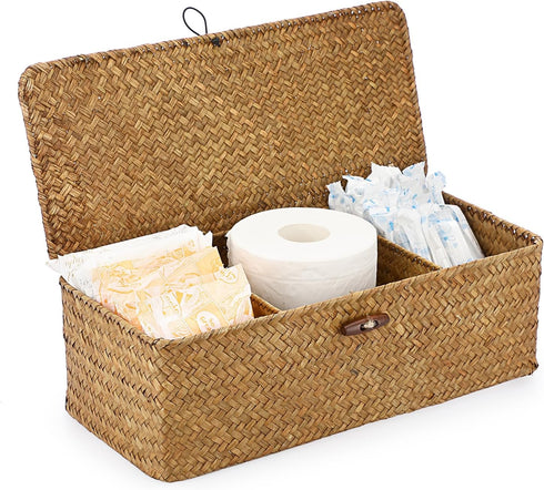 Sumnacon Small Woven Basket for Shelf Wicker Shelf Storage Basket with Sections Seagrass Storage Basket with Lid for Tampon Toiletry Rectangular S...