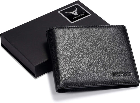 HISCOW Full Grain Leather Bifold Wallets for Men, Slim Minimalist Mens Wallet, Gifts for Dad Birthday Fathers Day (Pebbled Black)...