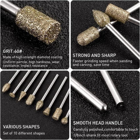 Diamond Grinding Burr Bit Set?20Pcs Rotary Tool Accessories Stone Carving Set with 1/8 inch Shank for Stone Ceramic Glass Carving, Grinding, Polis...