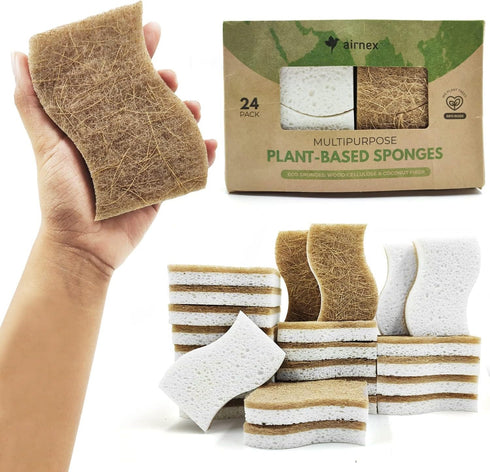 24 Pack Natural Kitchen Sponge - Biodegradable Compostable Cellulose and Coconut Scrubber Sponge - Eco Friendly Sponges for Dishes...