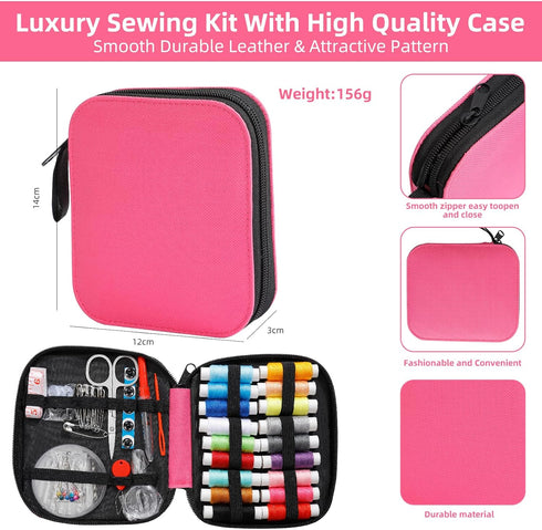 JUNING Sewing Kit with Pink Case Portable Sewing Supplies for Home Traveler, Adults, Beginner, Emergency, Kids Contains Thread, Scissors, Needles,...