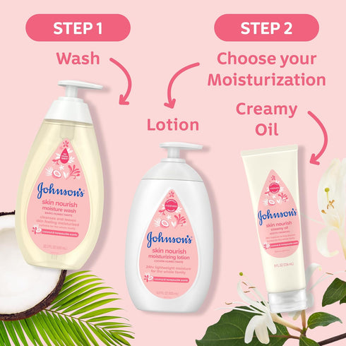 Johnson's Skin Nourish Creamy Baby Oil for Dry Skin with Coconut & Honeysuckle Scent, Rich & Creamy Baby Body Oil Moisturizes for 24 Hours & Helps...