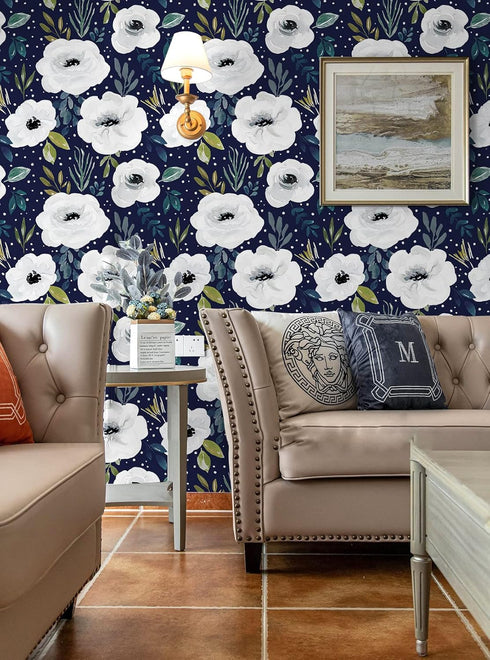 HAOKHOME 93245-3 Peel and Stick Floral Wallpaper Home Decor Removable Navy/White/Blue Vinyl Self Adhesive Mural 17.7in x 9.8ft...