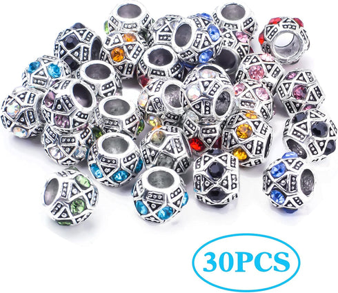 Rhinestone European Beads, 30pcs 10 Colors Large Hole Crystal Spacer Beads Loose Rondelle Charm Beads Crafts Supplies for DIY Snake Chain Bracelet...