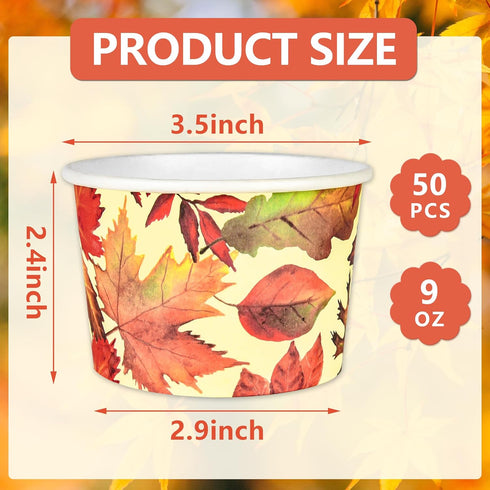 50Pcs Fall Treat Snack Cups Maple Leaves Disposable Ice Cream Cups 9 Oz. Disposable Autumn Thanksgiving Dessert Bowls for Cupcake Picnic BBQ Harve...