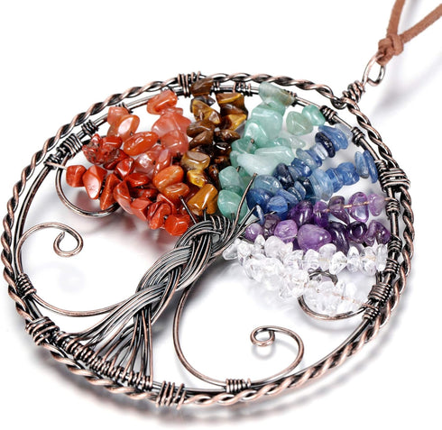 GEHECRST Natural 7 Chakra Healing Crystals Life Tree Hanging Ornament Reiki Gemstone Chips Copper Wires Wrapped Handmade Hanging Decor for Wall, W...