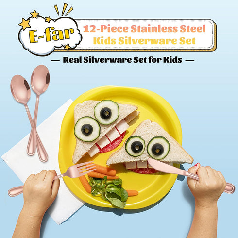 12-Piece Copper Kids Silverware, E-far Stainless Steel Toddler Kids Utensils Safe for Preschooler/Children, Includes 4 Forks 4 Spoons 4 Knife, Sli...
