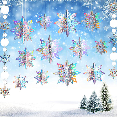 JULMELON 15Pcs Frozen 3D Hanging Snowflakes Decorations, Holographic Snowflakes Garland Silver Snowflakes for Winter Wonderland Decorations Frozen...