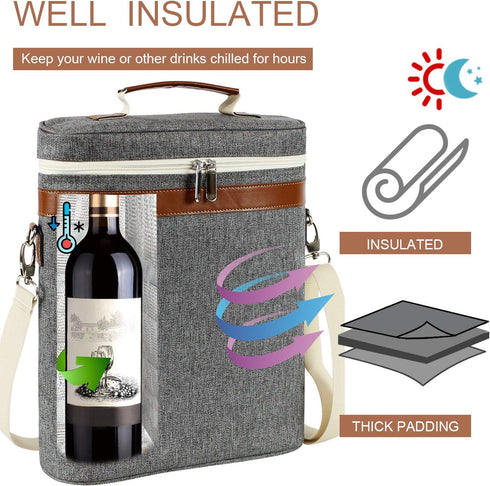 3 Bottle Insulated Wine Tote Carrier Bag, Portable Travel Padded Wine Cooler - Corkscrew Opener, Handle and Adjustable Shoulder Strap, Wine Lover ...