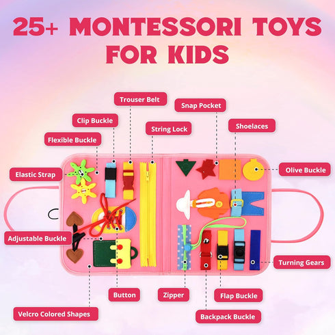 Toddler Busy Board for 1 Year Old + Busy Book for Toddlers 1-3 with 25+ Educational Activities, Airplane Travel Essentials for Kids (Pink)...