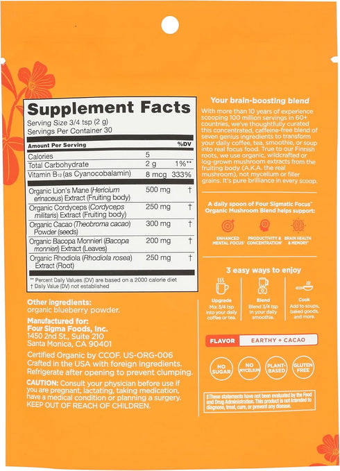 Four Sigmatic Focus Blend 7 Superfoods Adaptogen Blend Mix with Lion's Mane, Cordyceps, Rhodiola, Bacopa & Mucuna | Productivity & Creative Suppor...