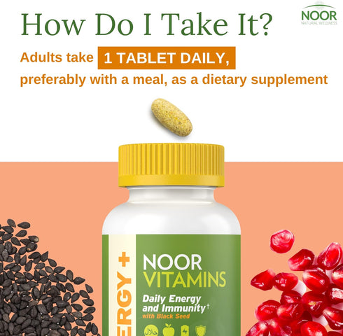 Noor Vitamins Energy+ Multivitamin; Halal Vitamin for Energy Production & Immunity, 26 Vitamins & Minerals, Black Seed, Dates, Honey, for Men & Wo...