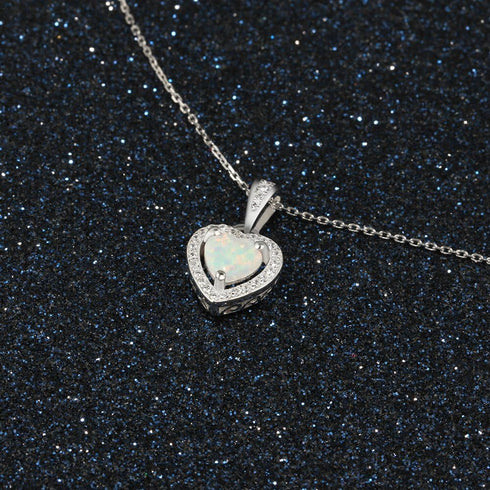 Sterling Silver Heart Shape Created Opal Pendant Necklace (6mm Opal Halo Heart)...