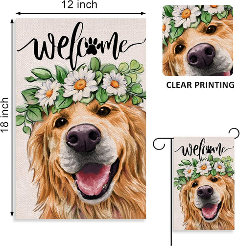 Welcome Spring Dog Golden Retriever Decorative Garden Flag, Puppy Yard Outside Decorations, Summer Farmhouse Outdoor Small Home Decor Double Sided...