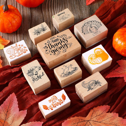 15 Pieces Thanksgiving Wooden Rubber Stamps and Craft Ink Pads Wooden Rubber Stamp for Scrapbooking and DIY Craft Card Stamps Pads for Kids Stamps...
