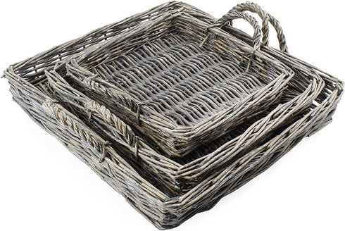AuldHome Design Rustic Willow Basket Trays, Set of 3 (Square, Gray Washed); Natural Wicker Decorative Farmhouse Trays...